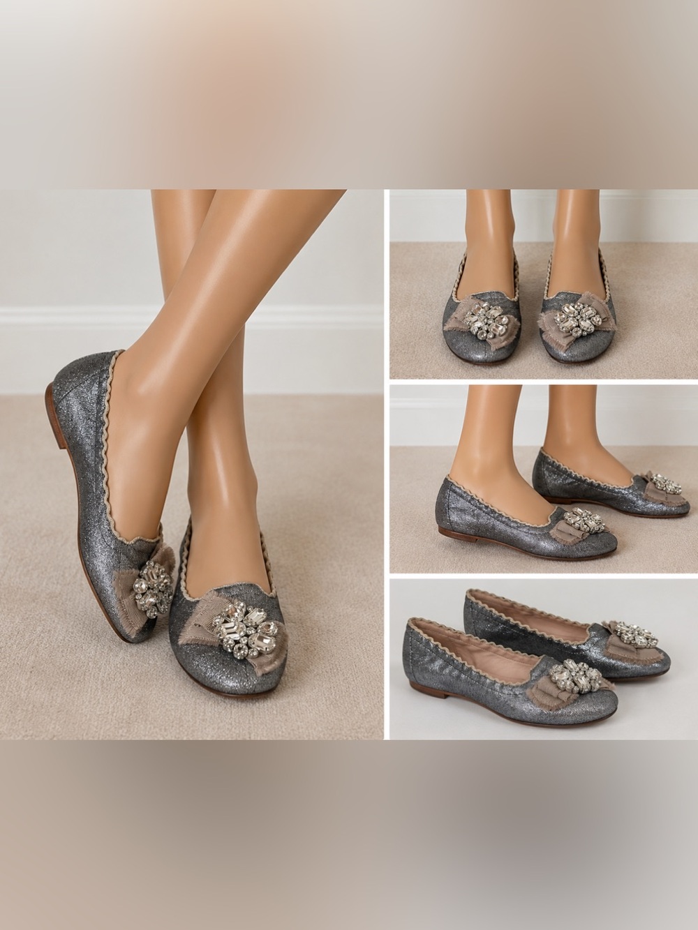 Miu Miu Glitter Crystal Embellished Ballet Flats with the signature jewel